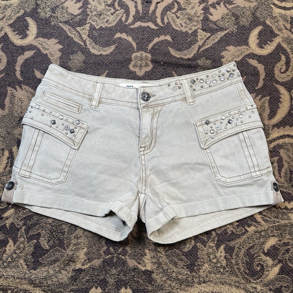 Miss Me Women's Cement Brown Cargo Mid Rise Button Detail Denim Shorts Size 26